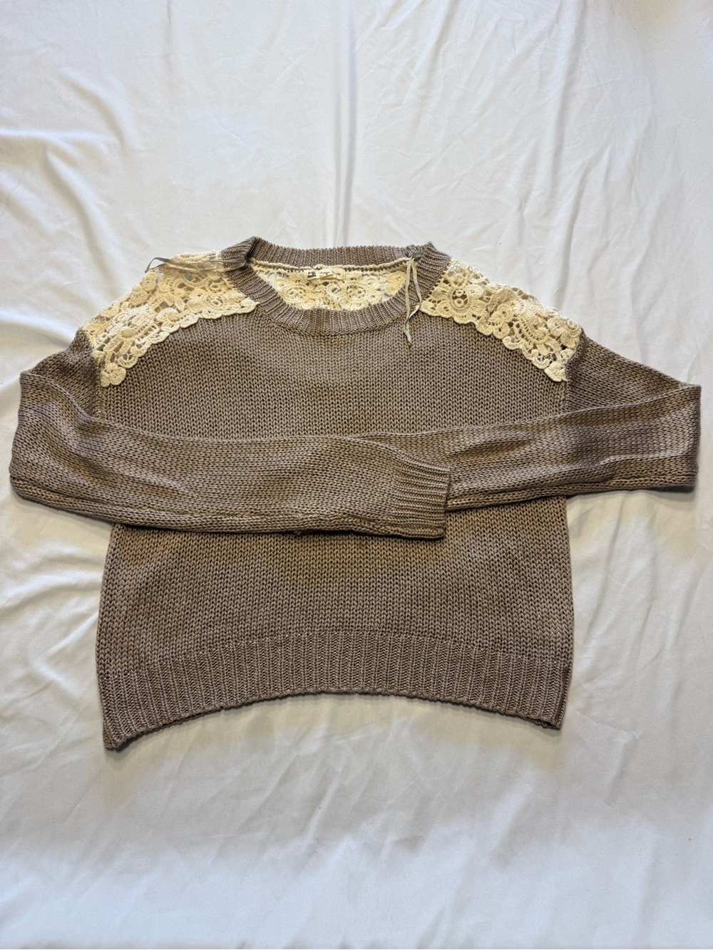 Cotton Candy Taupe Sweater with Cream Lace Shoulder Accents